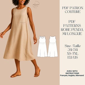 May include: A beige sleeveless dress with a round neckline and a flared skirt. The dress is knee-length and made of a light fabric. The image also includes a pattern for the dress, with the text "PDF PATRON COUTURE" and size information.