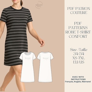 May include: A woman wearing a gray and black striped t-shirt dress. The image includes a pattern for a t-shirt dress, with the text "PDF PATRON COUTURE" and "PDF PATTERNS ROBE T-SHIRT CONFORT". The size range is 34-54, XS-7XL, EU/US.