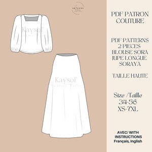 May include: A digital sewing pattern for a blouse and a long skirt. The pattern includes instructions in French and English. The pattern is for sizes XS-7XL (34-56).
