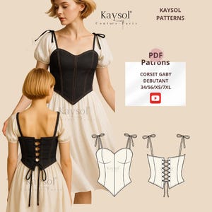 May include: A black denim corset with a sweetheart neckline and tie straps is worn over a white dress. The image also shows a back view of the corset and two line drawings of the corset. Text on the image reads "CORSET GABY DEBUTANT 34/56/XS/7XL".