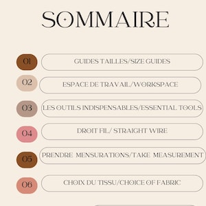 May include: A beige guide with the title "SOMMAIRE" and numbered sections detailing sewing topics. Topics include size guides, workspace, essential tools, straight wire, taking measurements, and fabric choice. Includes a PDF instructions button.