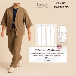 Könnte beinhalten: Ein braunes Leinen-Kimono-Jacken- und Hosen-Set. Das Outfit wird von einer Person getragen. Das Bild zeigt auch ein Schnittmuster für eine Palazzo-Hose und einen Kimono. Der Text auf dem Bild lautet "Kaysol Patterns".