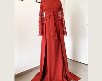 Robe de demoiselle d’honneur manche longue  - Mariage- robe soirée avec traîne - robe longue mastour  - robe de bal - prom - Robe Mastoura