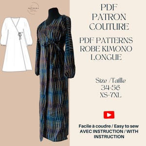 Kimono dress sewing pattern - Long sleeve - French-English - Size 34/56 EU-US - easy to sew PDF to download - Video instruction