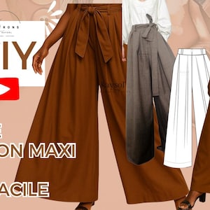 Può includere: Immagine con pantaloni palazzo marroni con cintura abbinata, un paio grigio e un motivo bianco. L'immagine include il testo "DIY" e "COUDRE PANTALON MAXI LARGE EASY - FACILE".