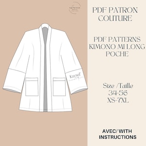 Puede incluir: Un dibujo de línea blanca de un kimono de manga larga con bolsillos. El texto "PDF PATRON COUTURE" está en la parte superior de la imagen. El texto "PDF PATTERNS KIMONO MI LONG POCHE" está debajo de la imagen. El texto "Size / Taille 34-56 XS-7XL" está debajo del texto. El texto "AVEC/WITH INSTRUCTIONS" está en la parte inferior de la imagen.
