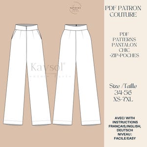 May include: A digital sewing pattern for chic pants with zipper pockets. The pattern includes instructions in English, French, and German. Sizes range from XS to 7XL, with a size chart showing sizes 34-56.