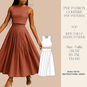 Könnte beinhalten: Ein rostfarbenes zweiteiliges Outfit, bestehend aus einem Crop-Top und einem plissierten Midirock. Das Bild enthält eine Strichzeichnung des Outfits und den Text "PDF Patron Couture PDF Patterns" und "Top + Jupe Taille Haute Fendue". Größen: XS-7XL.