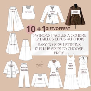 Può includere: Una collezione di modelli di cucito di moda, tra cui pantaloni, top, gonne e abiti. L'immagine presenta vari modelli di abbigliamento con il testo "10 + 1 GIFT/OFFERT" e "EASY-TO-SEW PATTERNS 12 EU/US SIZES TO CHOOSE FROM".