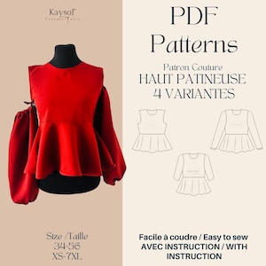 Könnte beinhalten: Eine rote Bluse mit einem Rüschen-Saum und langen Ärmeln. Die Bluse wird auf einer Puppe gezeigt. Das Bild enthält auch ein PDF-Muster für die Bluse, mit vier verschiedenen Variationen. Das Muster ist mit "Haut Patineuse" betitelt und in den Größen XS-7XL erhältlich.