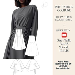 May include: A dark grey dress with long sleeves and a corset-style waist, alongside a white skirt design. The image includes text: "PDF PATRON COUTURE, PDF PATTERNS BLOUSE ASSIA + JUPE LANCY, Size/Taille 34-56 XS-7XL EU/US".