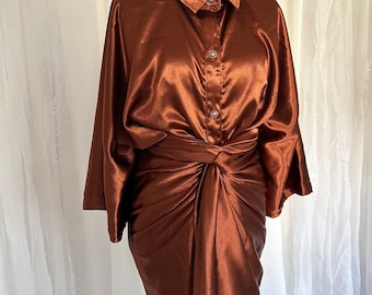 Paris Silk Outfit - Women's two-piece Satin set - shirt and wrap skirt - Copper brown - champagne beige - Barbie pink