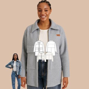 May include: A woman wearing a gray jacket with large pockets and a zipper closure. The jacket has a collar and a small brown patch. The text "VESTE RACKY" is at the top. A smaller image shows a woman wearing a similar blue jacket.