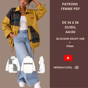 May include: A mustard yellow jacket with dark blue patterned panels on the chest and pocket, featuring black buckle closures and a drawstring hem. The text reads PATRONS FEMME PDF, DE 34 à 56, XS/8XL, A4/A0, BLOUSON RACKY VAR, Video, NIVEAU/LEVEL.