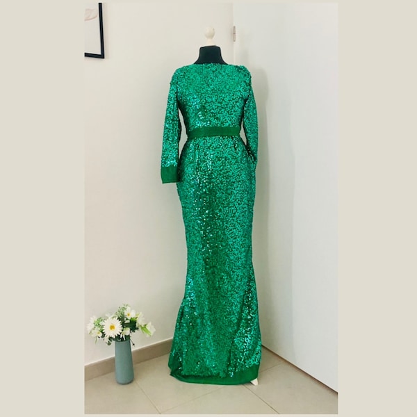 Robe de soirée en sequins - robe demoiselle d’honneur - robe cocktail - bal de promo - prom - robe vert émeraude - mariage - soirée à thème