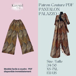 Può includere: Vengono mostrati due pantaloni palazzo e una giacca abbinata. Il tessuto presenta un motivo ondulato nei toni del marrone, nero e oro. Il testo sull'immagine include "Kaysol", "Patron Couture PDF PANTALON PALAZZO" e informazioni sulle taglie.