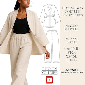 Könnte beinhalten: Eine Frau trägt einen beigefarbenen Kimono und eine passende Hose. Das Bild enthält eine Strichzeichnung des Kimonos und der Palazzo-Hose, mit Text, der darauf hinweist, dass es sich um ein PDF-Schnittmuster für die Größen 34-56 (XS-7XL) handelt. Der Text erwähnt auch Anleitungen auf YouTube.