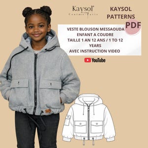 May include: A young girl models a gray hooded jacket with two front pockets and a zipper closure. The jacket is part of a sewing pattern, as indicated by the text "KAYSOL PATTERNS PDF". The image also includes a line drawing of the jacket and the YouTube logo.