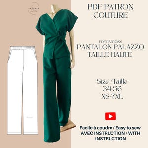 Può includere: Un modello digitale per cucire pantaloni palazzo a vita alta. Il modello include istruzioni ed è disponibile nelle taglie XS-7XL (34-56). L'immagine mostra un paio di pantaloni verdi e una blusa verde.