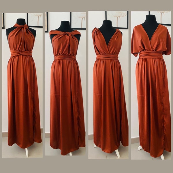 Robe demoiselle d'honneur terracota - avec poches - mariage - robe infinity en Soie  - robe invitée mariage - Robe en satin - orange chic