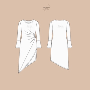 Puede incluir: Dibujo lineal de un vestido blanco con mangas largas y un dobladillo asimétrico. El vestido presenta un diseño drapeado en la parte delantera y el texto "Kaysol" en el pecho. Las mangas tienen un diseño acampanado. El fondo es de color marrón claro.