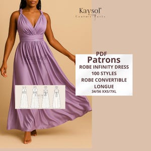 May include: A lavender infinity dress with a V-neck and flowing skirt. The dress is modeled by a person. The image includes the text "PDF Patrons, Robe Infinity Dress, 100 Styles, Robe Convertible, Longue, 34/56 XXS/7XL".