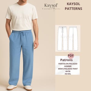 Op de afbeelding: Een lichtblauwe palazzo broek met een tailleband met trekkoord, gecombineerd met een crèmekleurig t-shirt. De afbeelding bevat ook een PDF-patroon voor de palazzo broek, met de tekst "Kaysol Patterns" en "Men's Palazzo Pant".