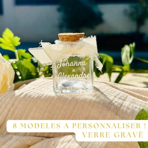 12 Fläschchen - personalisierte Glasbehälter + Korken | Hochzeitsgeschenk, Taufe, Geburtstag, Kommunion | Bonbonglas | Gastgeschenk