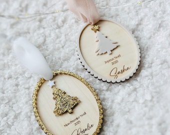 Bola de Navidad personalizada de madera y plexiglás – Nombre, texto a tu elección, primera Navidad del bebé, decoración personalizada para el árbol