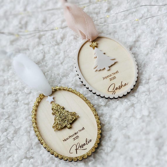 Boule de Noël personnalisée en bois et plexi – Prénom, texte au choix, premier Noël bébé, décoration sapin personnalisée