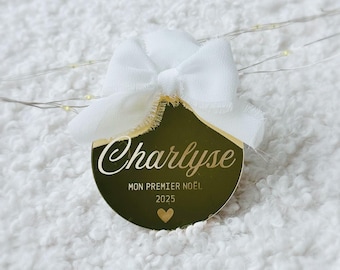Bola de Navidad personalizada en plexiglás de espejo dorado o rosa - elección de texto - decoración de árbol grabada - regalo de Navidad para bebé o familia