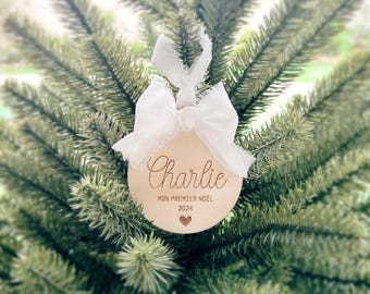 Boule De Noël "Mon Premier Noël 2025" – Bois Gravé, Ours, Fabriqué En France – Souvenir Naissance, Décoration Sapin