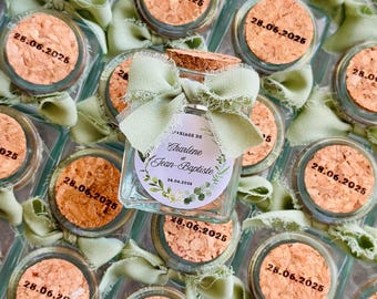 Personalized wedding favor | Glass bottle with cork stopper | Favor jar for baptism, communion, or birthday