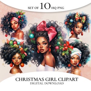 Christmas Afro Women Clipart: Holiday PNG Designs (Digital Download)