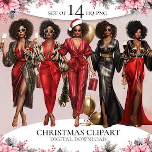 Christmas girl clipart, Black Girl Clipart, Afro Girls Clipart, Fashion Girl Clipart, PNG for Stickers/Planner/Scrapbook/Paper Crafts/Print