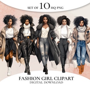 Winter Fashion Girl Clipart: Afro PNG Illustrations (Digital Download)