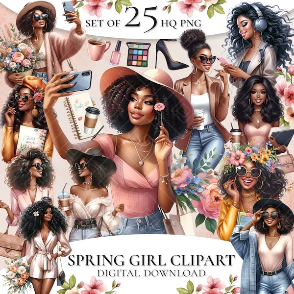 Watercolor Spring Clipart, Spring Black Girl Clipart, Black Women Clipart, Planner Girl Clipart, Black Girl Cliart, Black Girl Magic