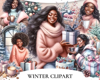 Cozy Winter Clipart, Black Woman Clipart, Watercolor Cozy Winter, Black Girl Clipart, Christmas Clipart, Planner Girl Clipart