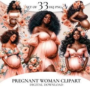 Clipart de mujer negra embarazada con flores, embarazo en acuarela, Día de la Madre PNG, clipart de maternidad, niña negra embarazada PNG, clipart de mujer negra