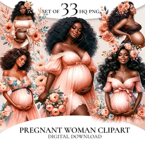 Floral Pregnant Black Woman Clipart, Watercolor Pregnancy, Mother's Day PNG, Maternity Clipart, Black Girl Pregnant PNG, Black Woman Clipart