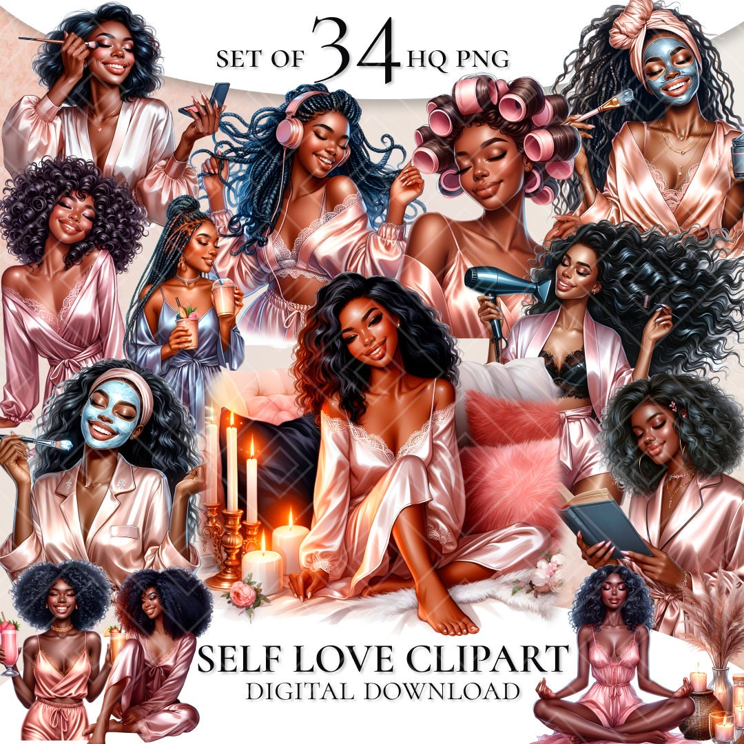 Self Care Clipart, Watercolor Cozy Clipart, Black Woman Clipart, Self Love Clipart, Pretty Girl Clipart, Planner Girl Clipart