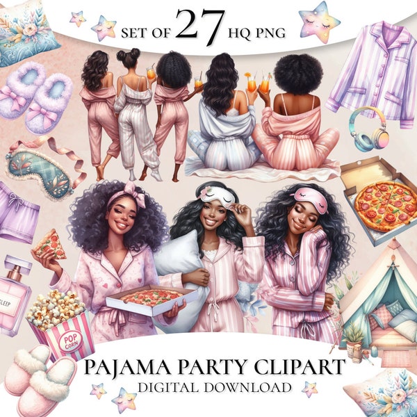 Pajama Party Black Girls Clipart, Black Woman Clipart, Watercolor Cozy Movie Time Clipart Bundle, Home Pajama Party, Pajama Clipart