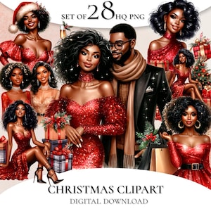 Elegante Clipart di moda natalizia, Clipart di donna nera, Donne e coppie eleganti per le feste, Clipart di Natale nero, Uso commerciale