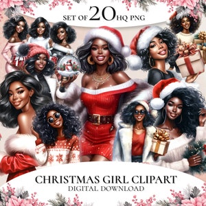 Weihnachten Mädchen Clipart, schwarze Mädchen Clipart, Afro Mädchen Clipart, Mode Mädchen Clipart, schwarze Frau Clipart, Weihnachtscliparts, Winter Clipart