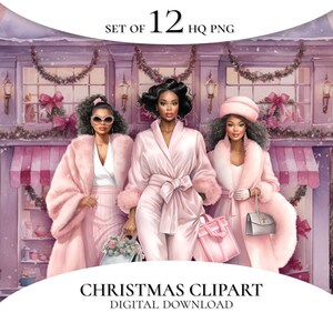Pink Christmas clipart, Christmas Girls Clipart, Watercolor Christmas Clipart, Black Girl Clipart, Holiday Clipart, Christmas PNG