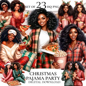 Weihnachten Pyjama Party Schwarze Mädchen Clipart, Clipart Aquarell, Gemütliche Movie Time Clipart, Weihnachten Haus Pyjama Party