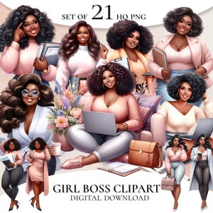 Op de afbeelding: Set van 21 digitale illustraties van zwarte vrouwen in verschillende poses, waaronder werken op een laptop, een aktetas vasthouden en staan met een map. De illustraties zijn in cartoon-stijl en hebben een roze, witte en bruine kleurstelling. De tekst "GIRL BOSS CLIPART DIGITAL DOWNLOAD" staat onderaan de afbeelding.