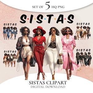 Sistas Clipart PNG, Black Sistas Design, Sisterhood Black Woman, Black Women Clipart, Black Queen png, Fashion Black Woman Clipart