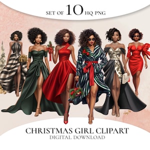 Christmas girl clipart, Black Girl Clipart, Afro Girls Clipart, Fashion Girl Clipart, PNG for Stickers/Planner/Scrapbook/Paper Crafts/Print
