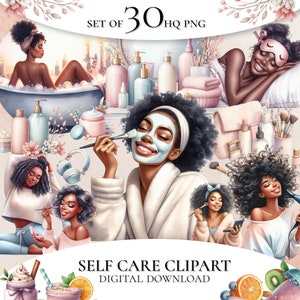 Self Care Clipart, black woman clipart, fitness clipart, watercolor girl clipart, spa time clipart, planner girl clipart, healthy foog